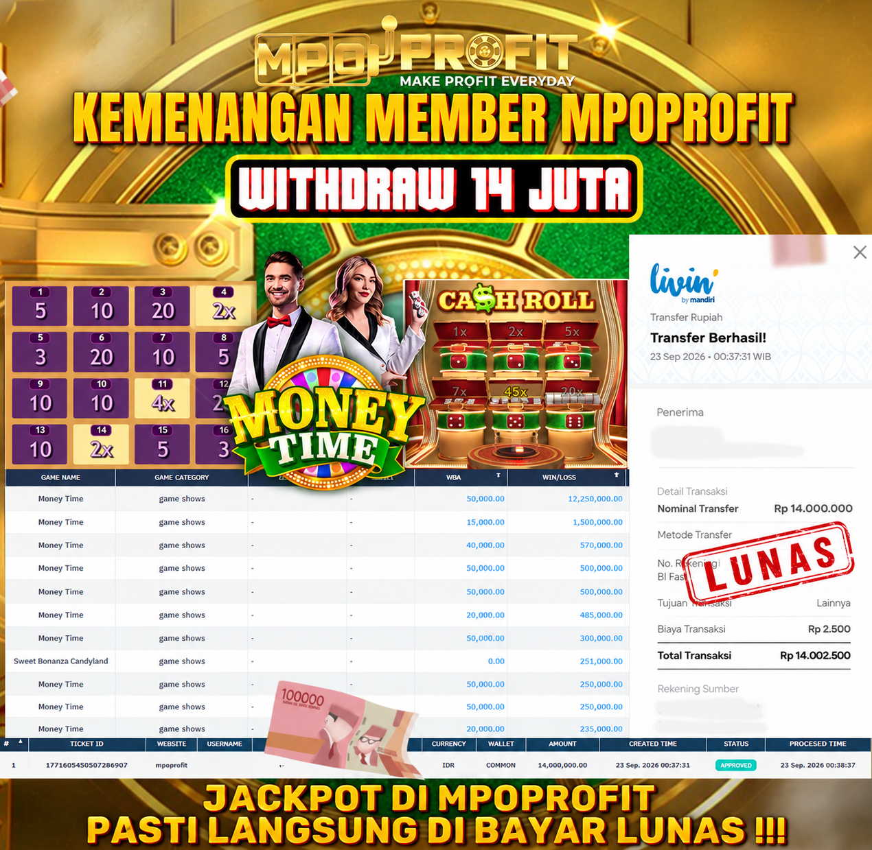 MPOPROFIT JACKPOT SLOT PRAGMATIC! KEMENANGAN MURNI DI (MONEY TIME TOTAL RP. 14.000.000,- LUNAS)